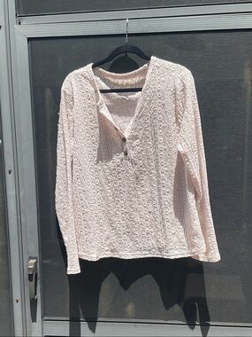 Textured Light Pink Long-Sleeve Henley Top